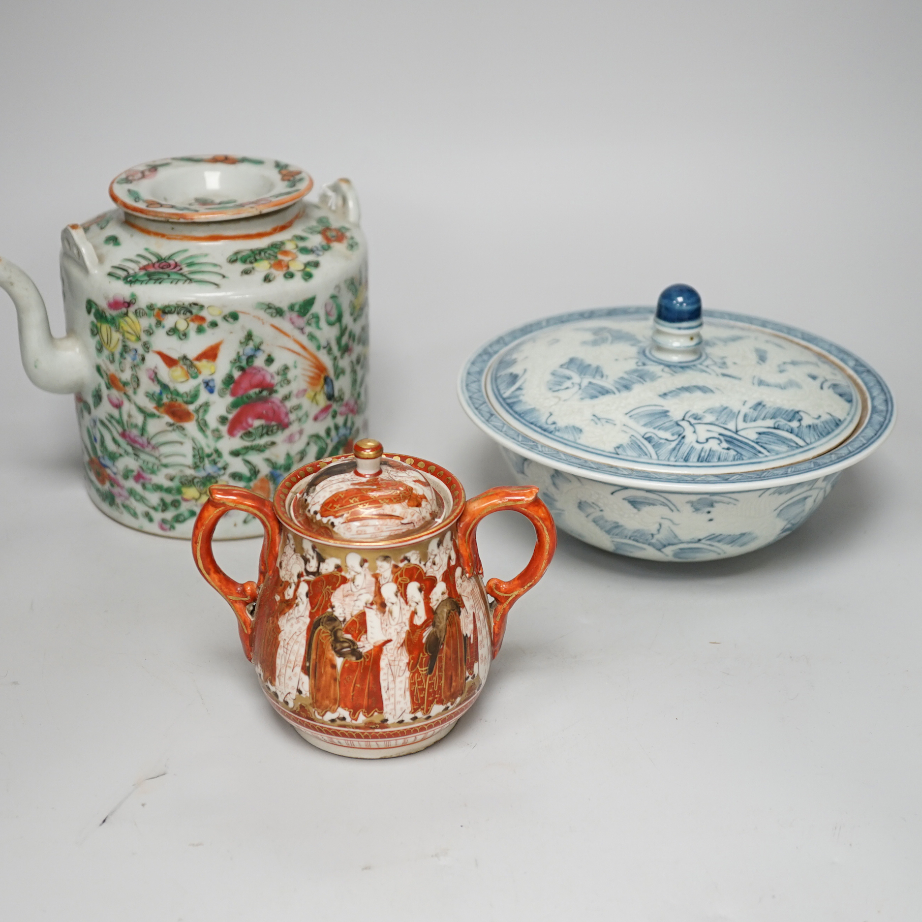 Assorted Chinese and Japanese ceramics including a Kutani jar and cover and a floral teapot, the largest 15cm high